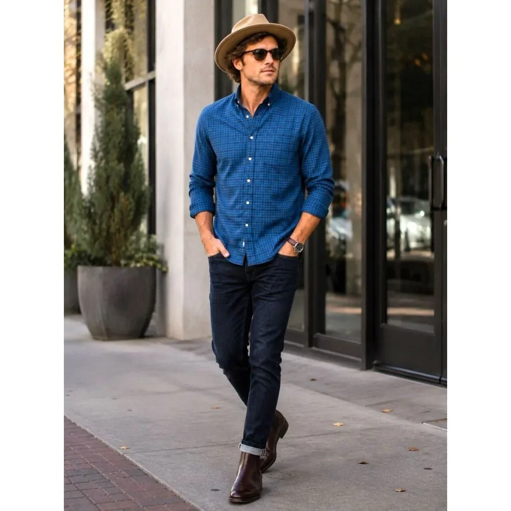 J.Crew Slim American Pima Cotton Blue Check Button Shirt Men's M